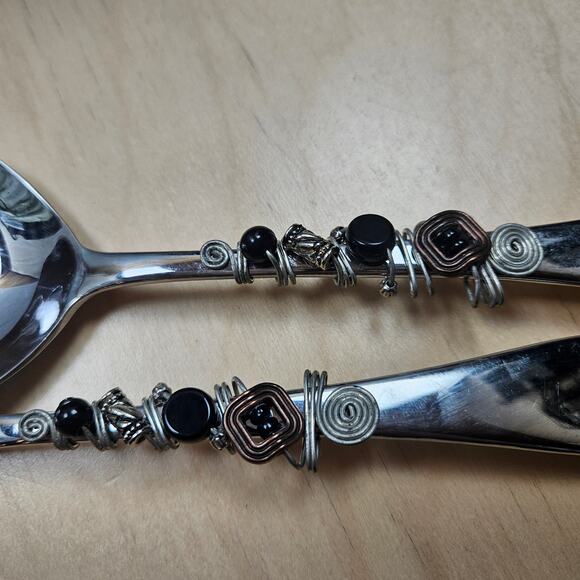 RARE Gorham 18/10 Stainless Wired beaded salad serving utensils Silver and Black - Picture 5 of 6